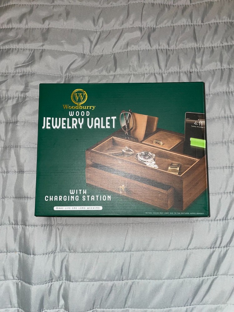 Woodbury Wood Jewelry Valet with Built-in Charging Station New In Box