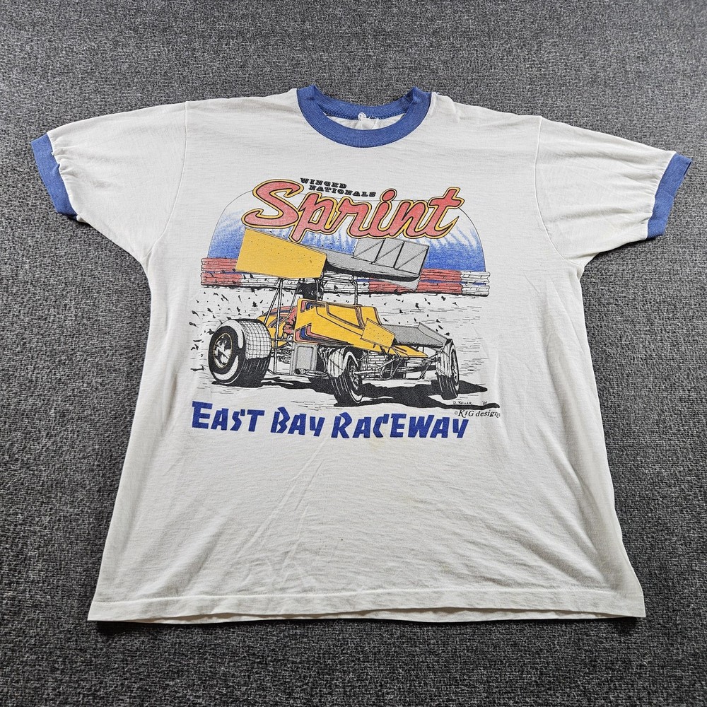 Vintage East Bay Raceway Shirt Mens Large White Ringer Sprint Car Outlaws 80s