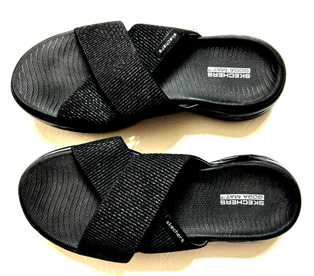 SKECHERS GOGA MAT Black Slide Sandals for Women Size 6 Open Toe New