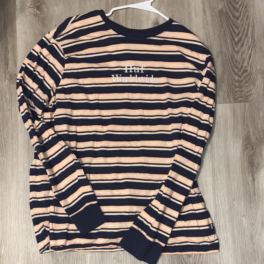 HUF Striped Long Sleeve Crew Neck T-Shirt Navy Peach XL Men's Knit