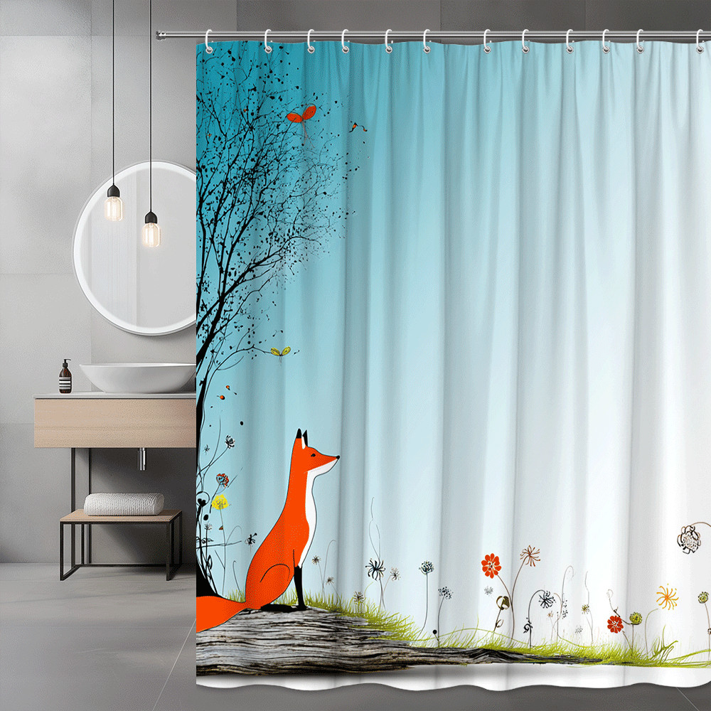 Fox and Tree Floral Shower Curtain Blue Background