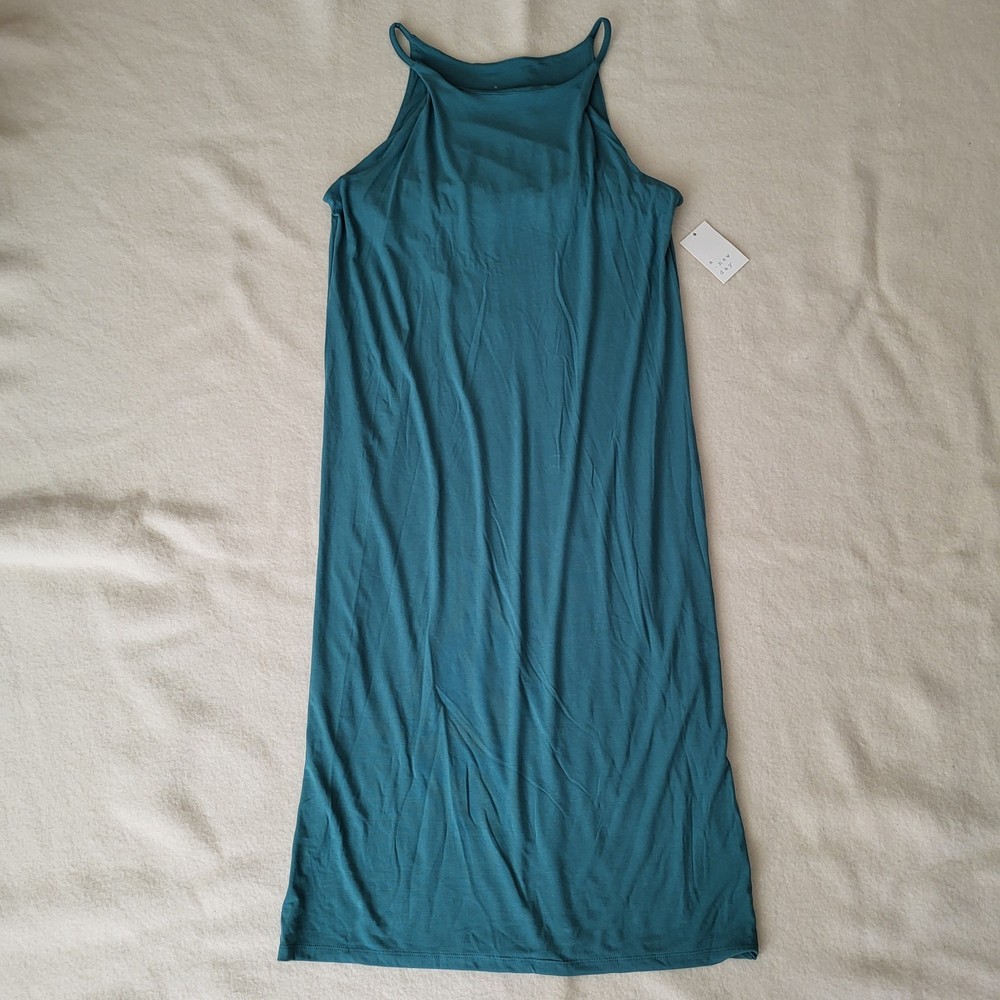 NWT Green Sleevless Midi Dress Womens Size Large Shift Built in Bra Stretch