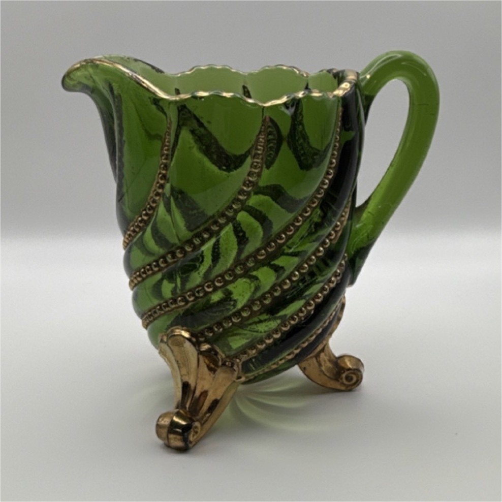 EAPG Green Glass Creamer Gold Trim Swirl Pattern Victorian Style Footed Pitcher