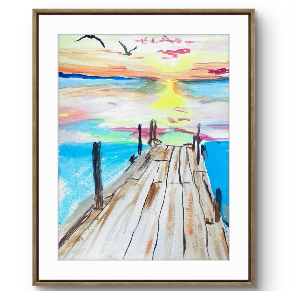 TITA PAINTZ Boat Dock Seascape Sunset Handmade Watercolor 9x12 Wall Art
