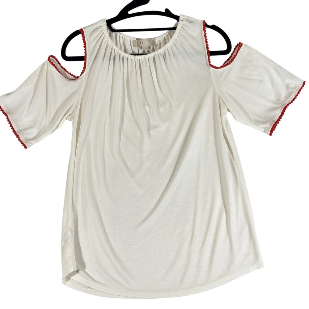 LOFT Top Women’s Small Ivory Short Sleeve Cold Shoulder Shirt Red Trim