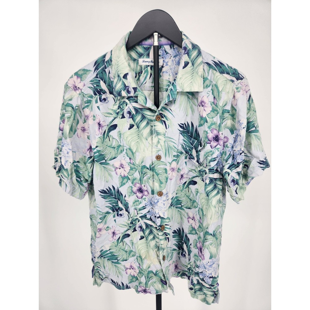 Tommy Bahama Mens 100% Silk Tropical Floral Palm Print Camp Shirt Green Purple M