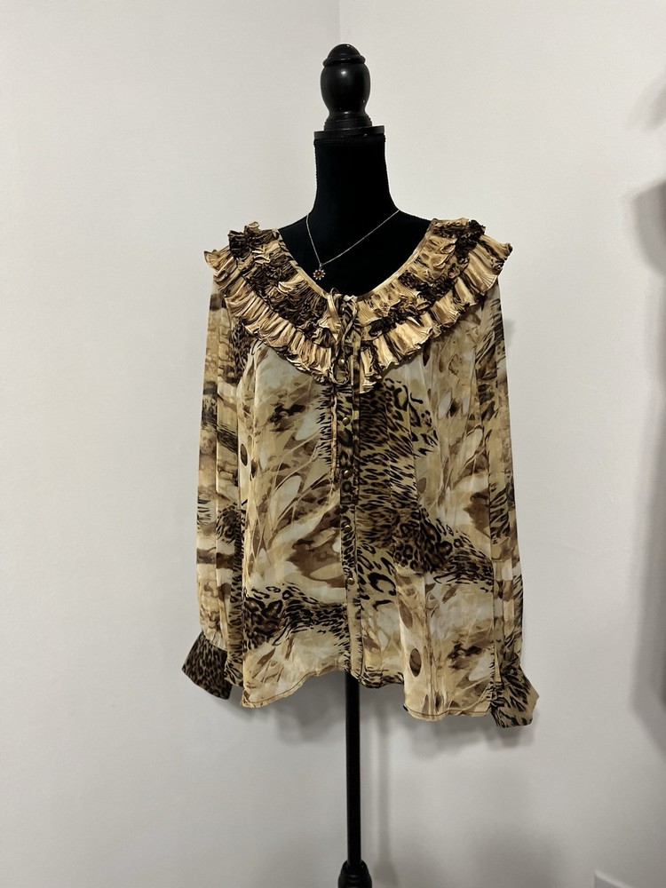 Simonton Says Women's Top Oversized Medium Leopard Print Ruffle V-neck Y2K