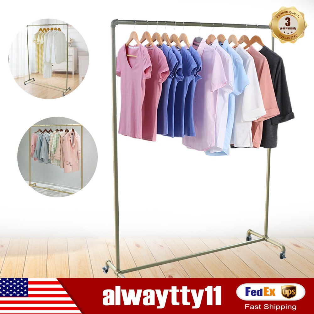 Industrial Pipe Clothing Rack 47x63 Inch Gold Vintage Garment Racks With Wheels