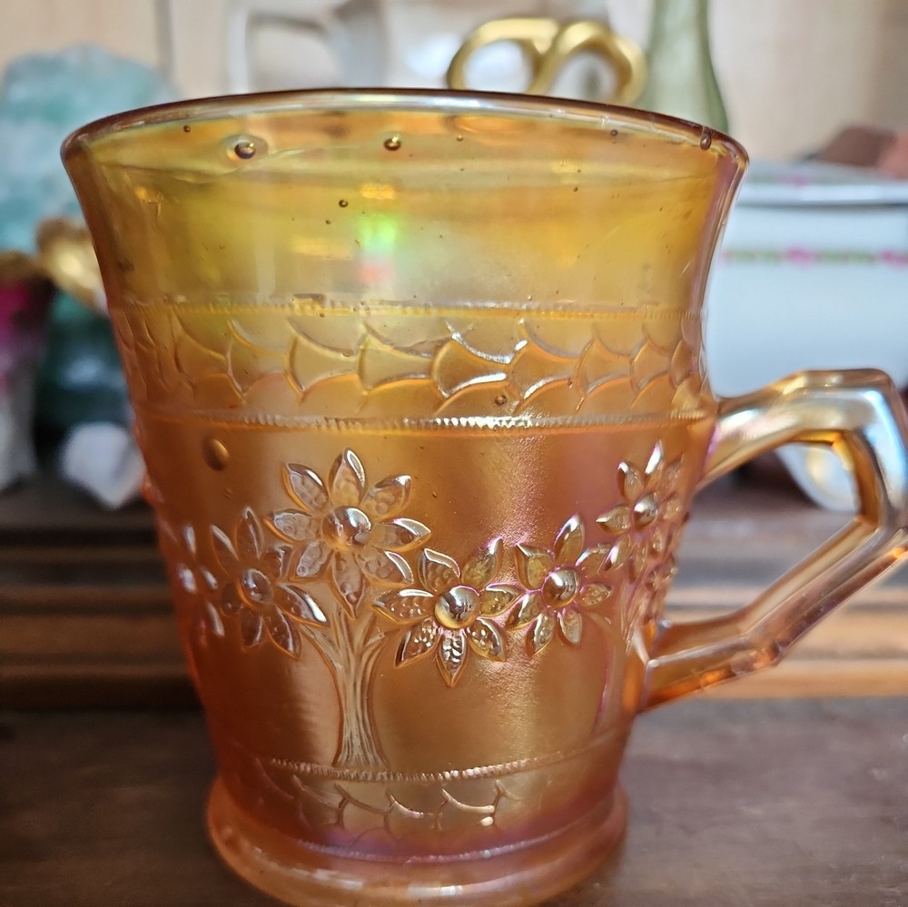 Fenton Carnival Orange Tree And Scroll Marigold Mug - MINT