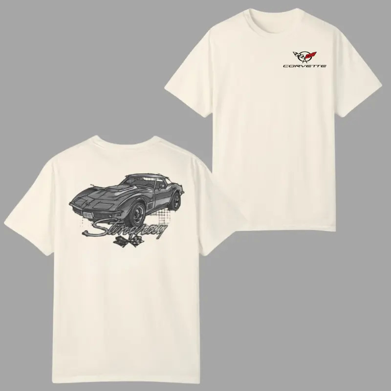 Corvette Stingray Classic T-shirt, Black and White Muscle Car Graphic 2 Sides, V