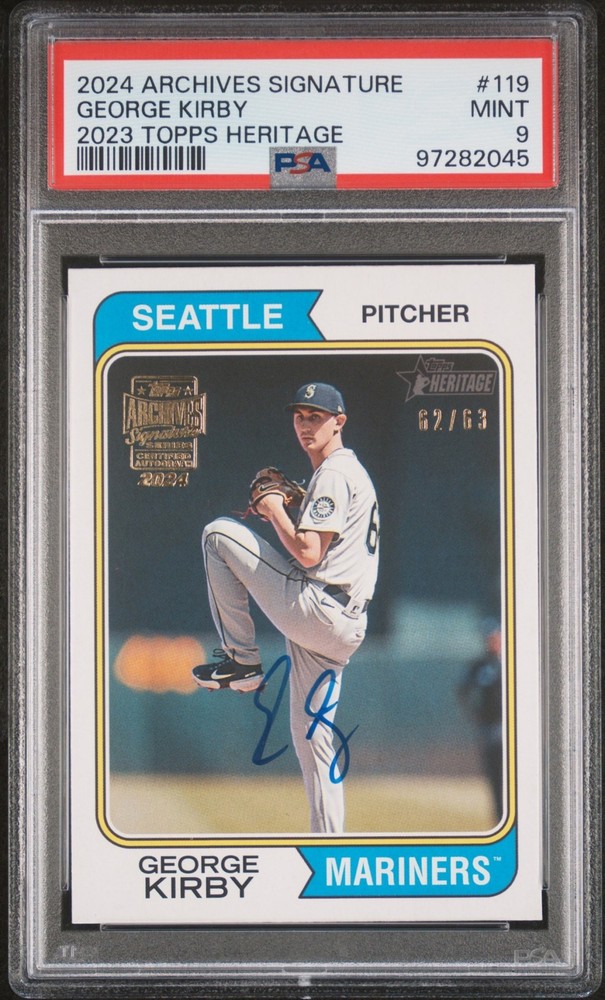 2024 Topps Heritage Archives George Kirby 2023 Auto /63 PSA 9 Seattle Mariners