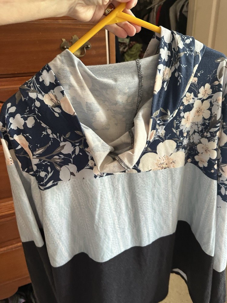 Plus Size 3XL Floral Colorblock Pullover Hoodie Long Sleeve for Women