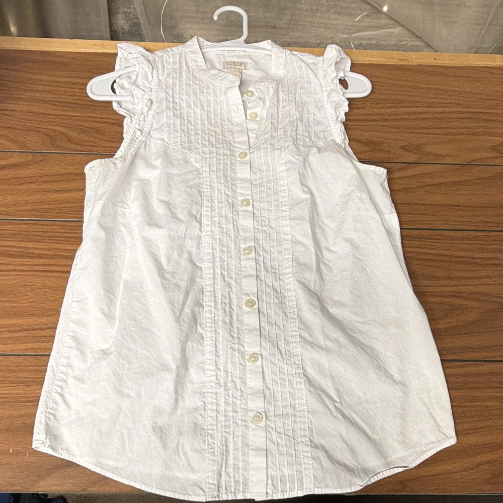 J.CREW Women’s 0 White Solid Collared Sleeveless Button Blouse Ruffle Pleat
