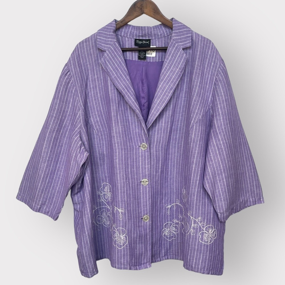 Maggie Barnes Blazer Jacket Women 3X Purple Linen Blend Lined 3/4 Sleeve Button