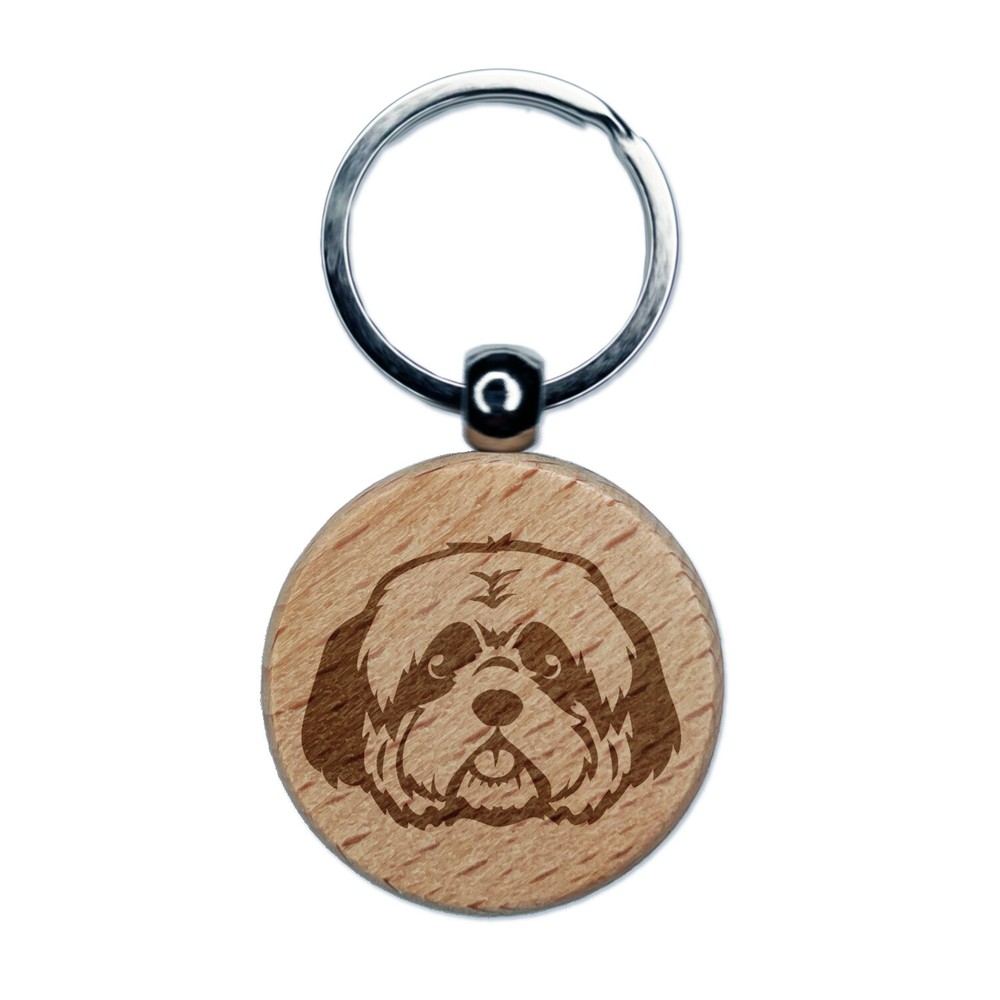 Shaggy Shih Tzu Dog Head Engraved Wood Round Keychain Tag Charm