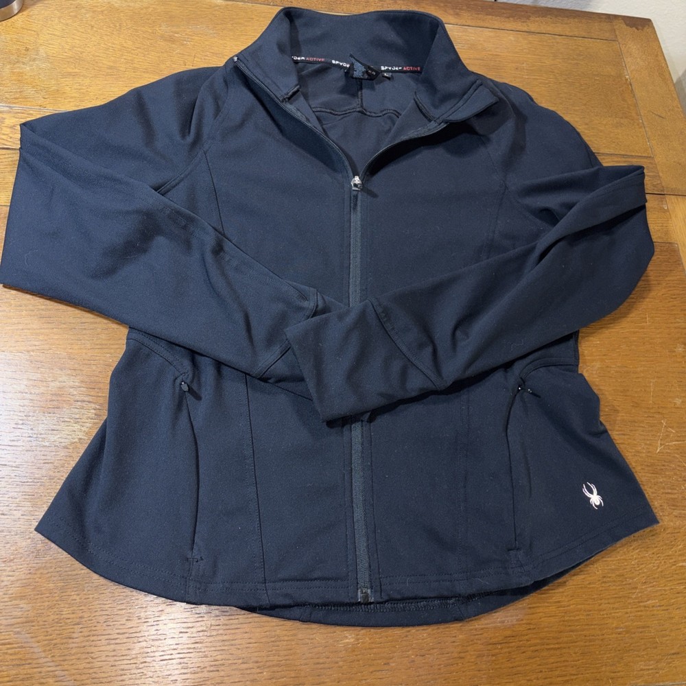 Spyder Active Jacket Womens L Black Full Zip Thumbholes Pockets Athletic