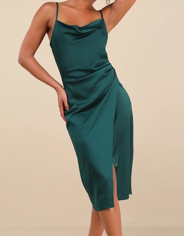 Lulus Hollywood Woman Forest Green Satin Midi Dress Size Medium NWT