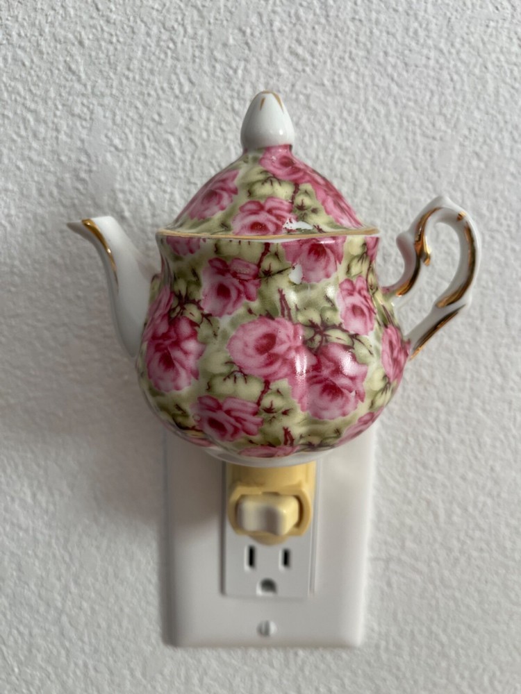 Vintage Porcelain Floral Teapot Nightlight Victorian Home Decor