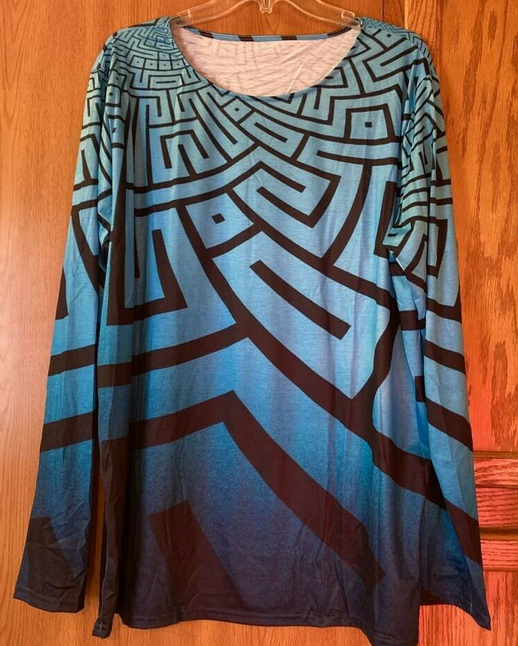 Womens Tunic Top Blue Black Geometric Long Sleeve Crew Neck Pullover Plus 3XL
