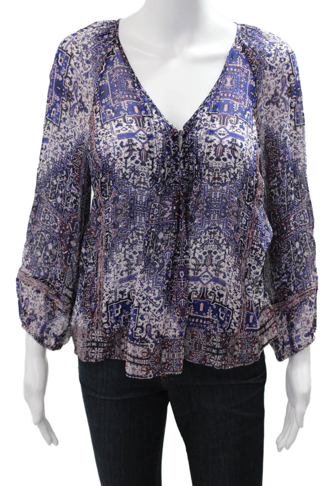 Joie Women Silk Geometric V-Neck Bohemian Tie Long Sleeve Blouse Size MFree Shipping in US $100+ Orders | $6.95 Orders Below
