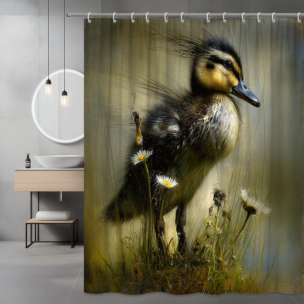Duckling Floral Shower Curtain, Bird Art Print Bathroom Decor
