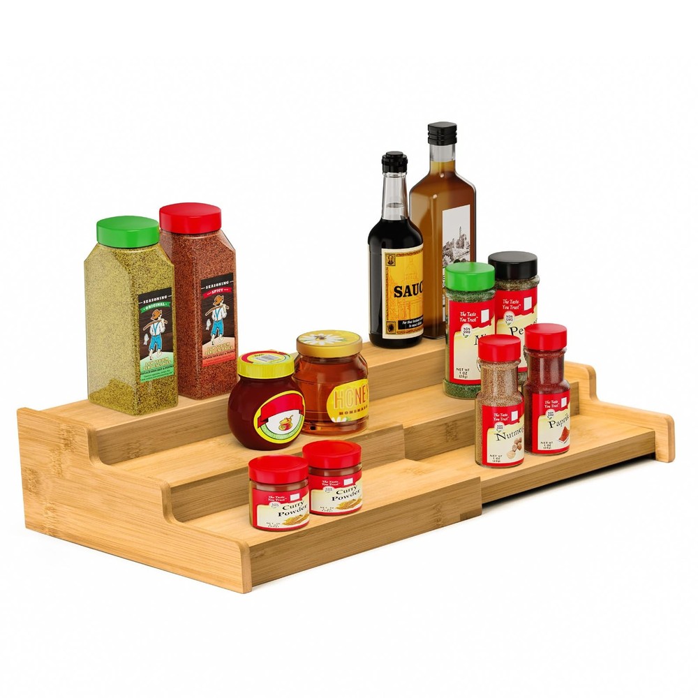 3-Tier Expandable Bamboo Spice Rack Organizer for Kitchen & Pantry Storage