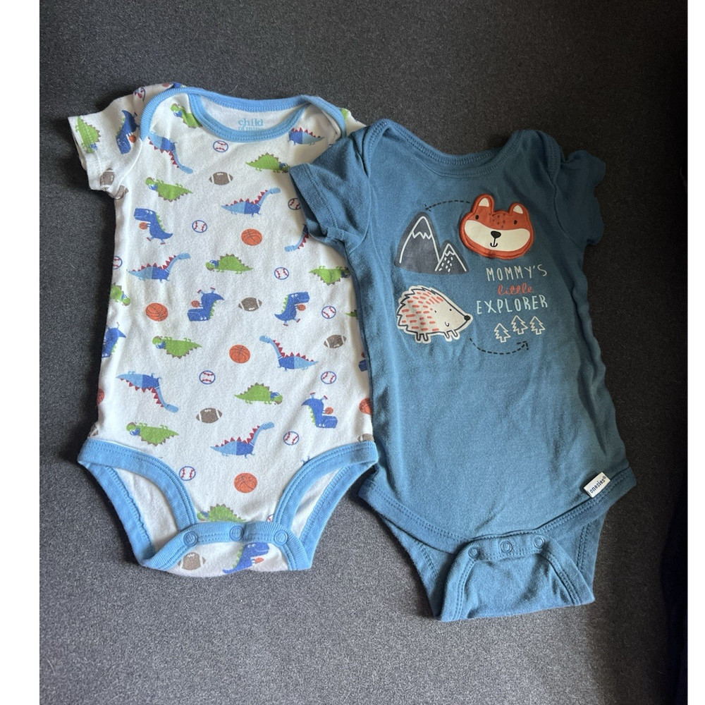 Gerber Baby Onesie Bodysuits 3-6 Months 2pc Short Sleeve Cotton Dino Blue