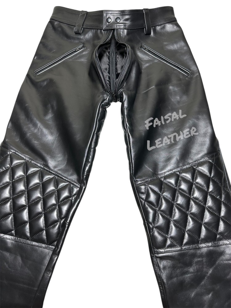 Men Black Cowhide Leather Padded Pants for a Bold Look