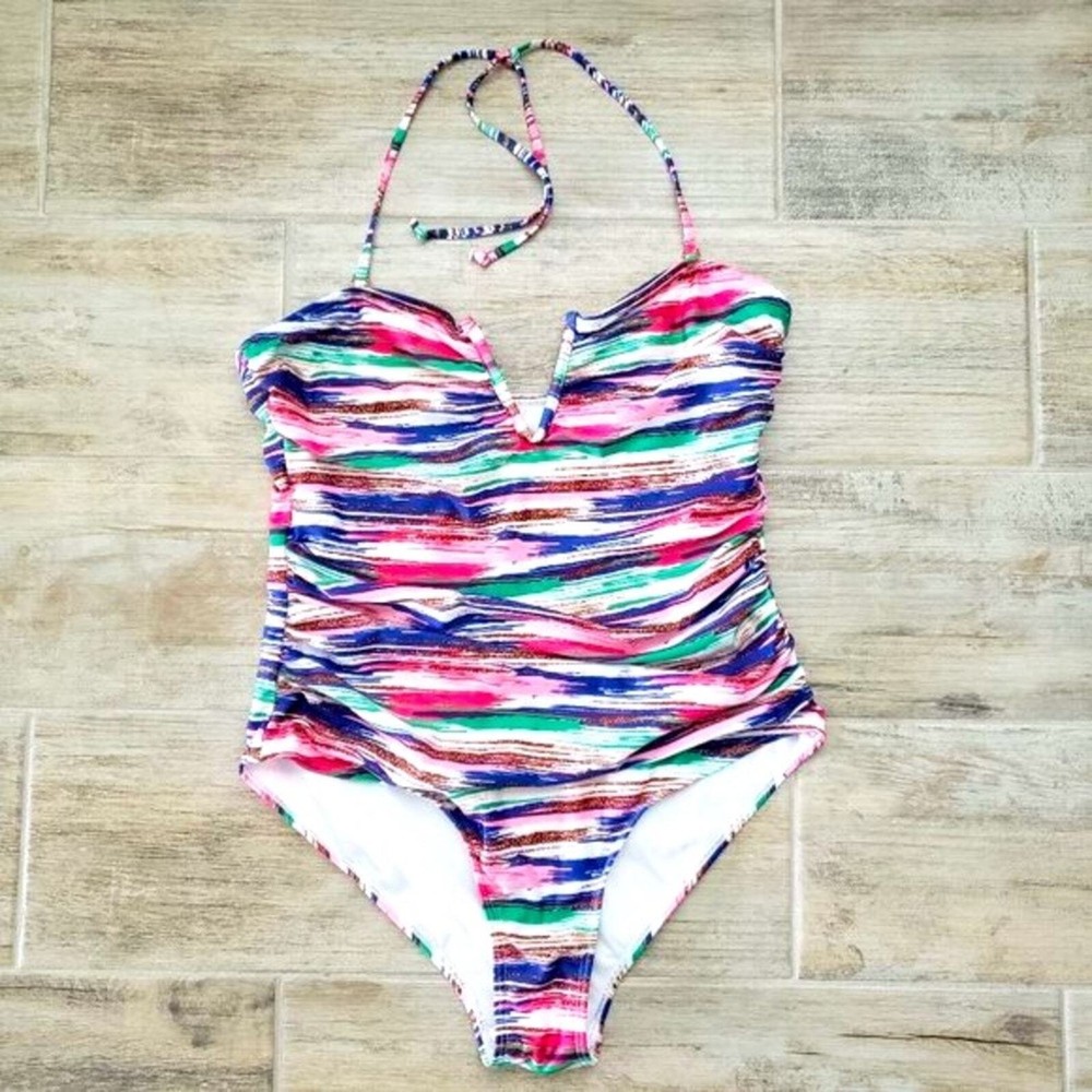 Catherine Malandrino Women’s V Front Padded One Piece Multicolor Swimsuit L