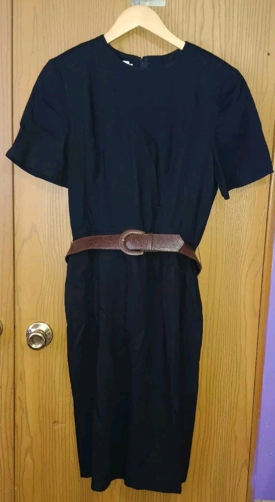 Talbots Sarah Campbell Linen Blend Dress Womens Size 10 Black With Brown Belt...