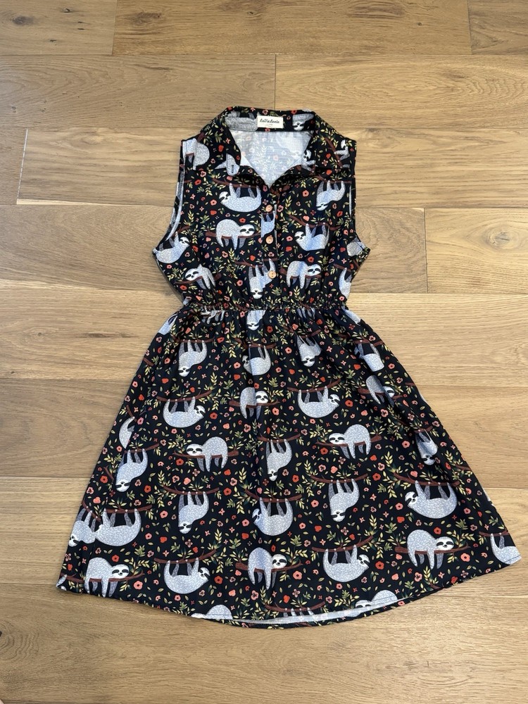 Sloth Print Sleeveless Button Front Dress Elastic Waist Black S/M Cute Novelty