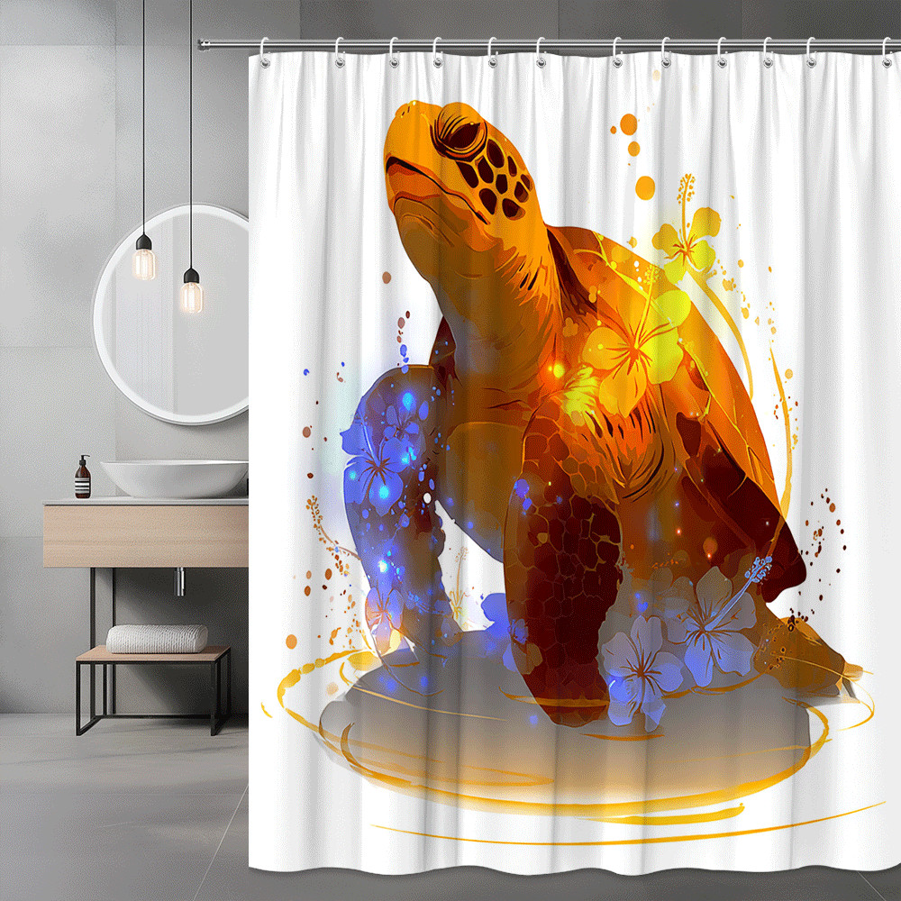 Turtle Floral Shower Curtain Orange Blue Graphic Print