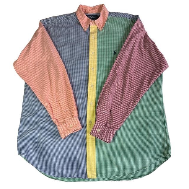 RALPH LAUREN Blake Shirt Mens Large Gingham Check Color Block Blue Green Red L/S