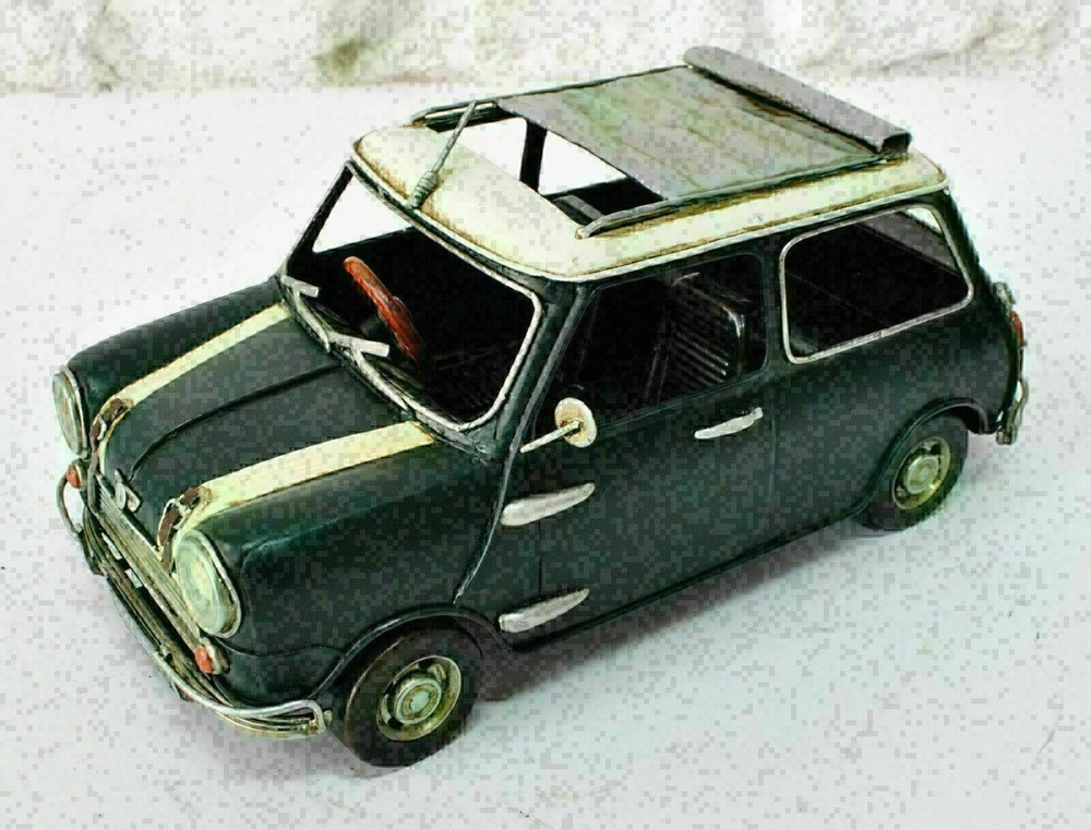 USA seller Tin Plate Model of 1960 Mini Cooper Green With Open Top Roof Vintage