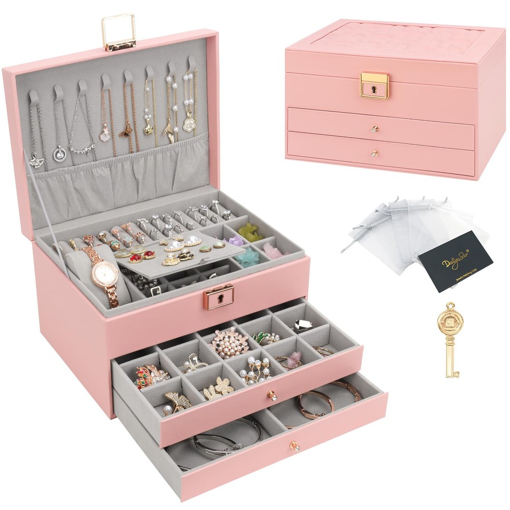 Jewelry Box, Jewelry Organizer with 2 Drawers, 3 Layers Leather Jewelry Stora...