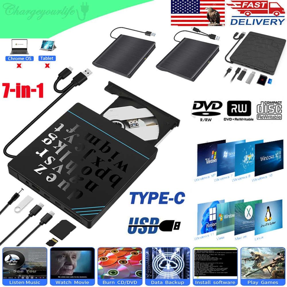 External CD/DVD ROM Drive Disc USB 3.0+Type-C Burner Reader Player PC Windows 11