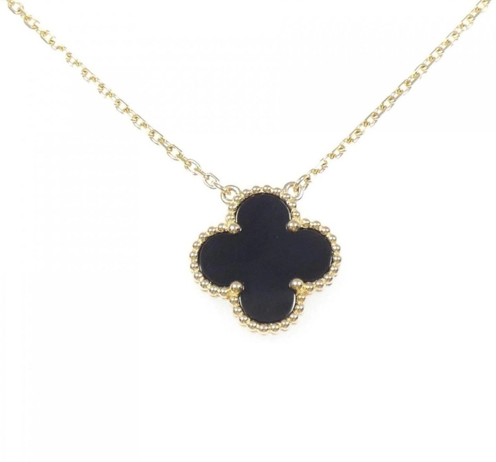 Yellow Gold Plated Sterling Silver Simulated Onyx Clover Necklace