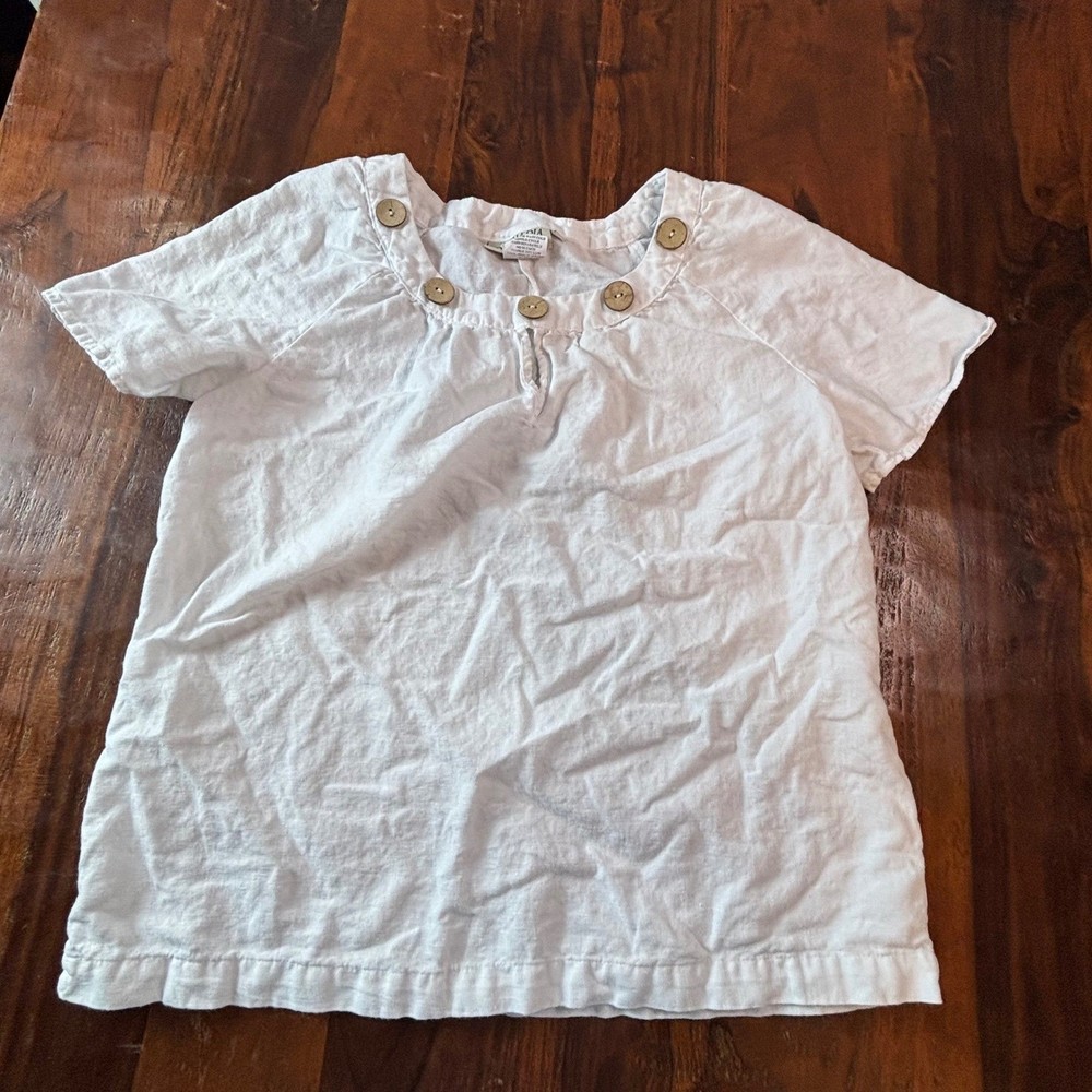 Orchadia Casuals Vintage White Linen Cotton Blouse Wooden Button Keyhole Small