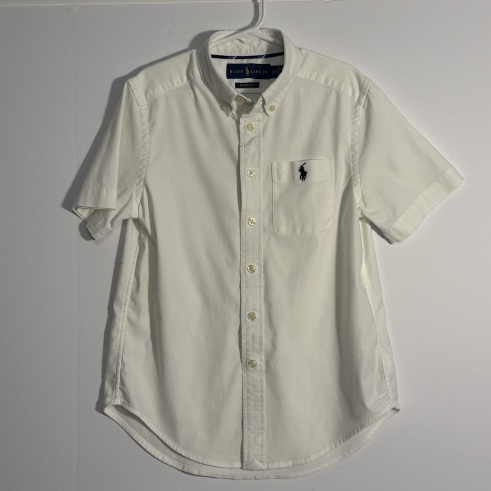 RALPH LAUREN Boys White Short Sleeve Button Down Shirt w/Pocket - Size Small 8