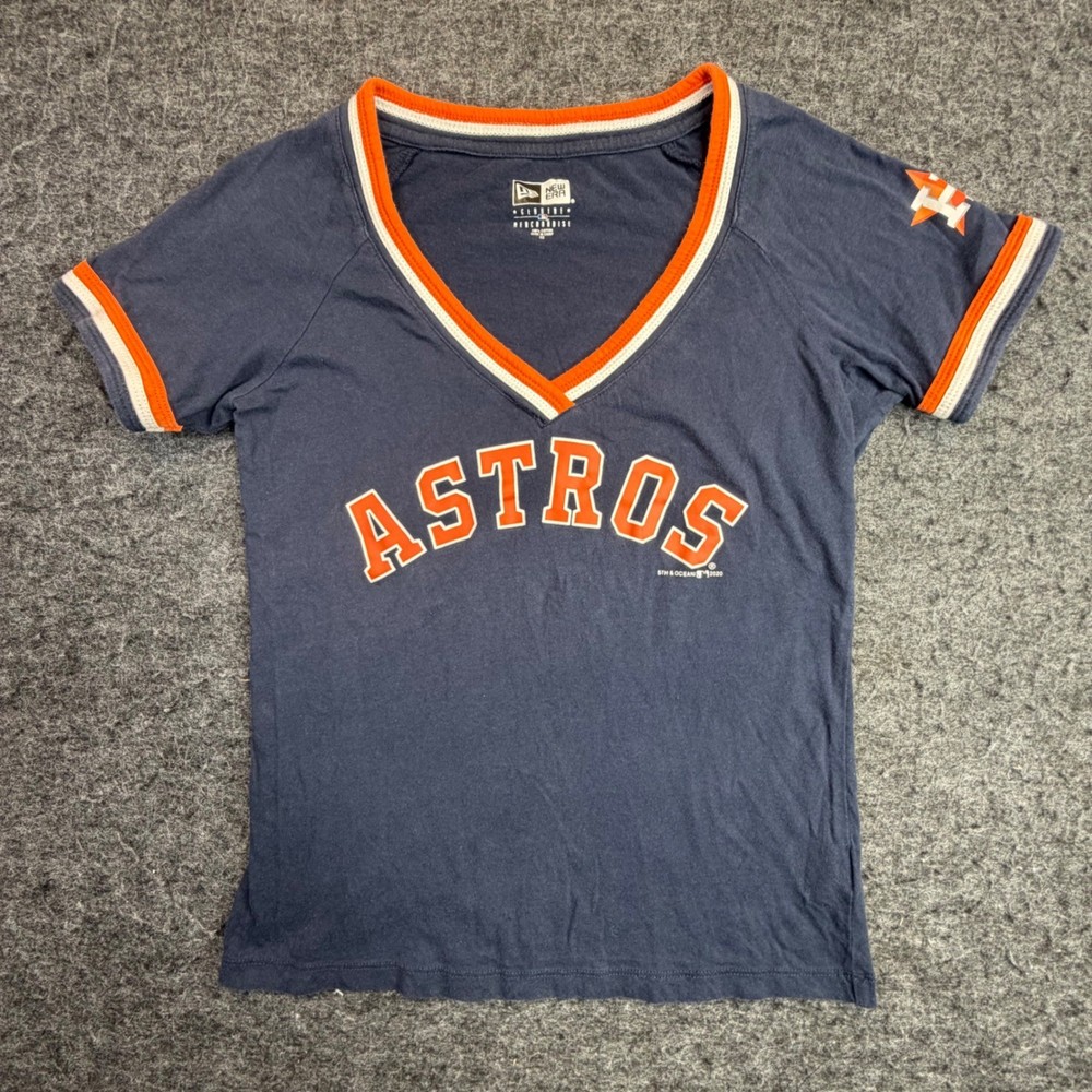 New Era Houston Astros V-Neck T-Shirt Womens XS Navy Blue Ringer MLB Baseball