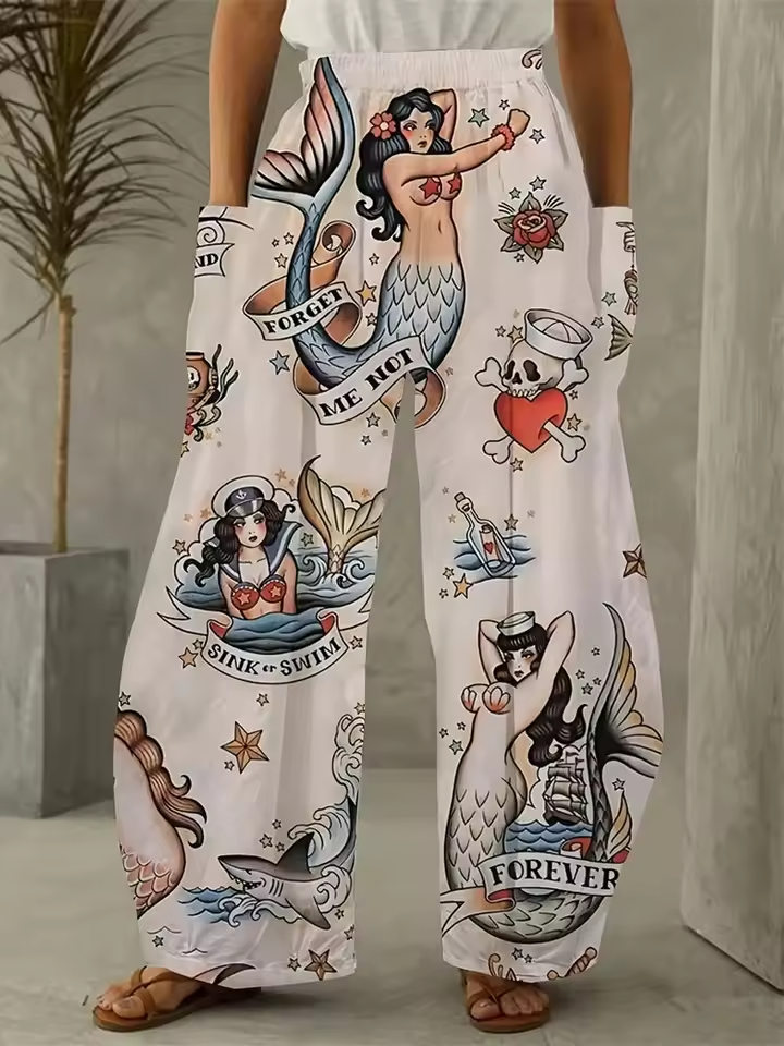 Mermaid Pajama Pants Women’s Elastic Waist Nautical Print Lounge Sleepwear