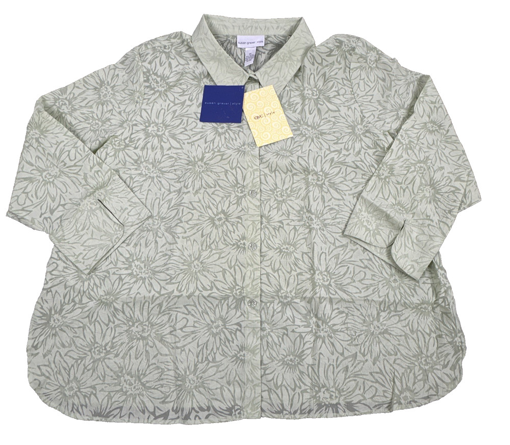 Susan Graver Women’s Sheer Floral Button Up Shirt Blouse Size 3X Green Boho