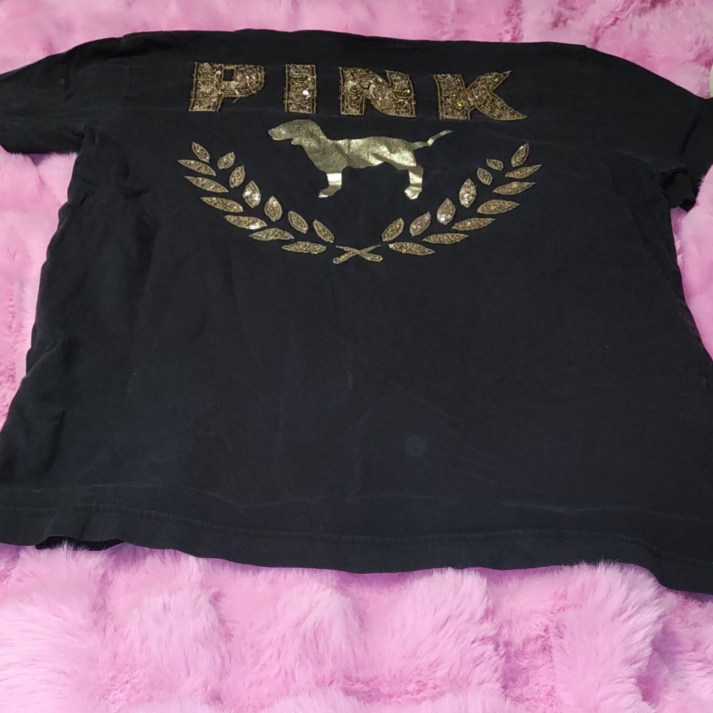 PINK Victoria's Secret Black Gold Sequin Dog Logo T-Shirt L Women's Casual
