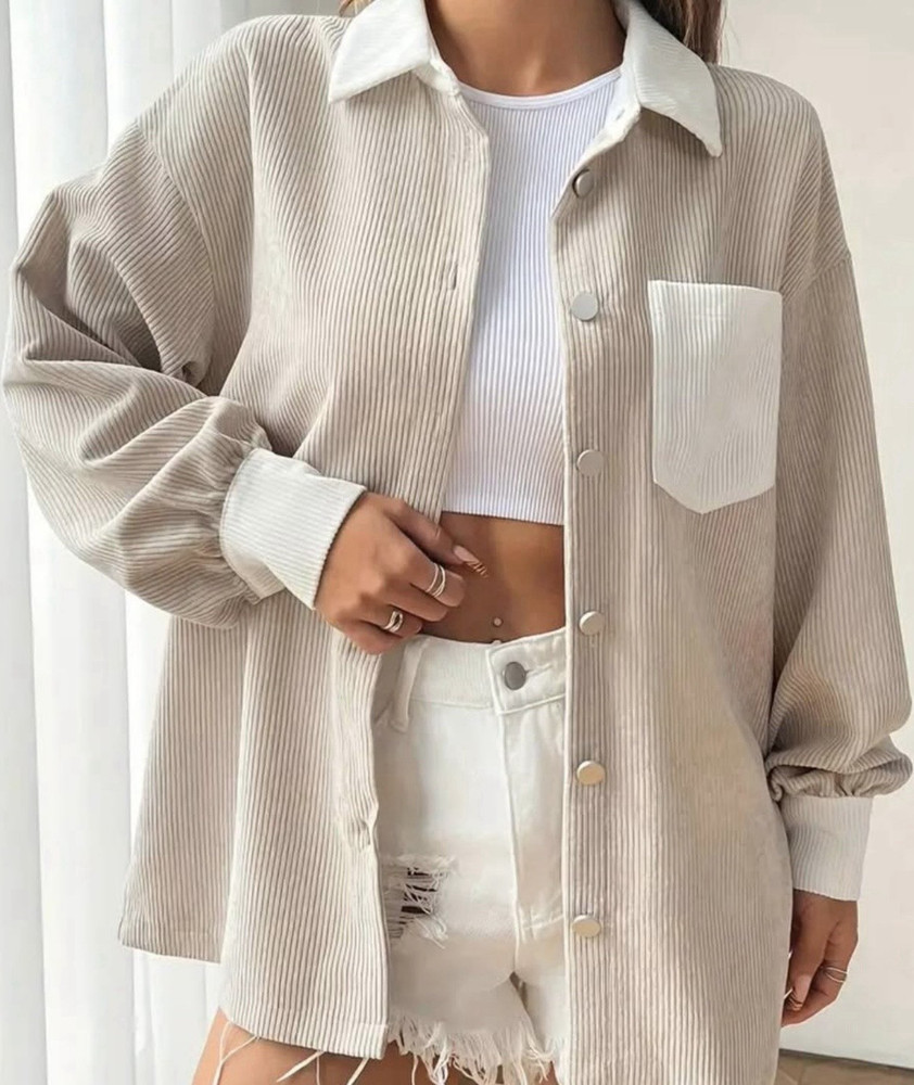 Women's Beige Corduroy Button-Up Shirt with Pocket, Long Sleeve, Relaxed Fit
