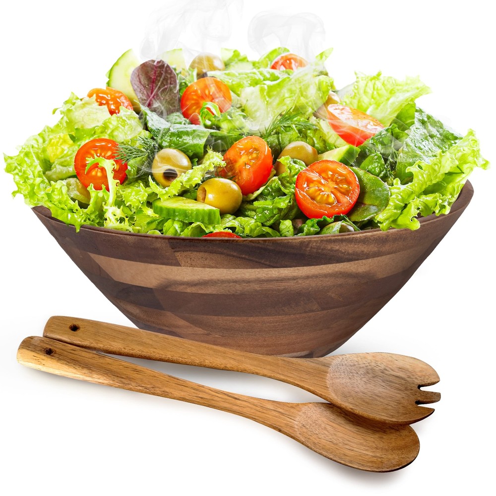 Acacia Salad Bowl and Serving Utensil Set - Large Wooden Salad Bowl with Serv...-image
