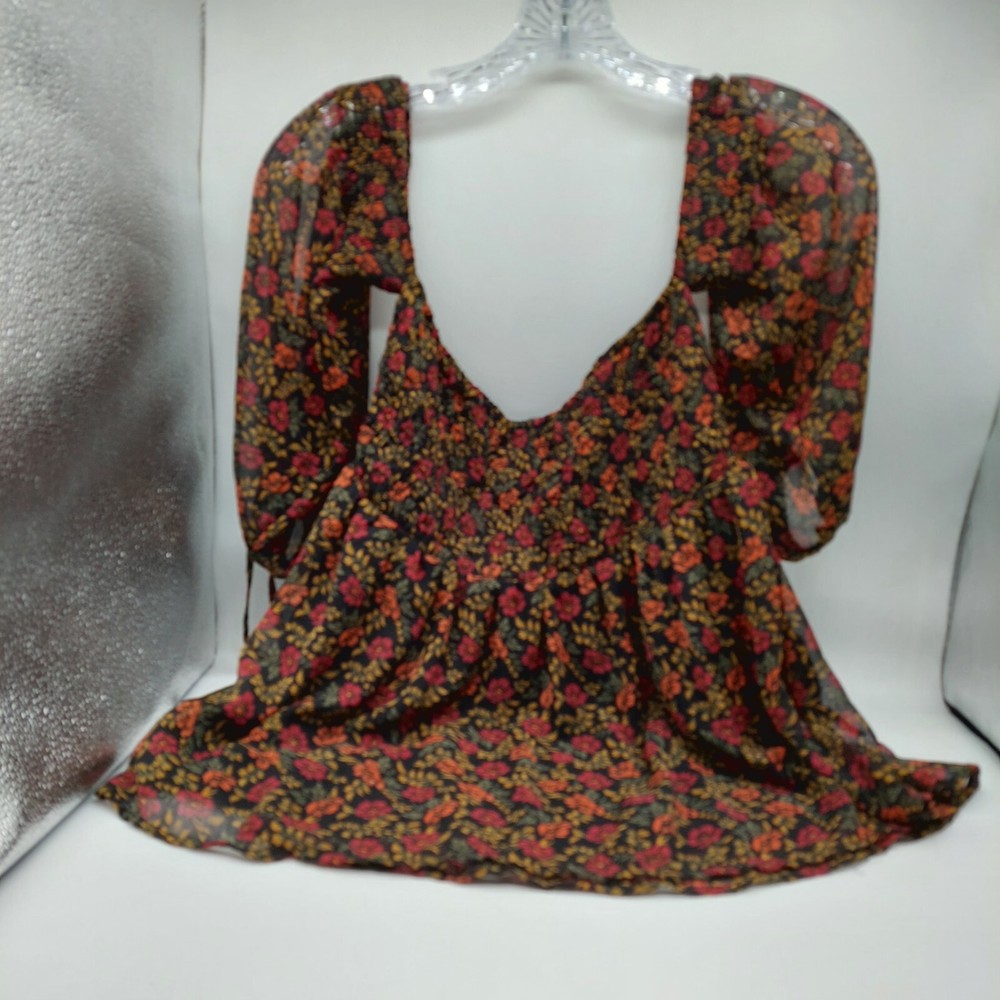 American Eagle Women's Blouse Shirt Black Floral Top Size Small