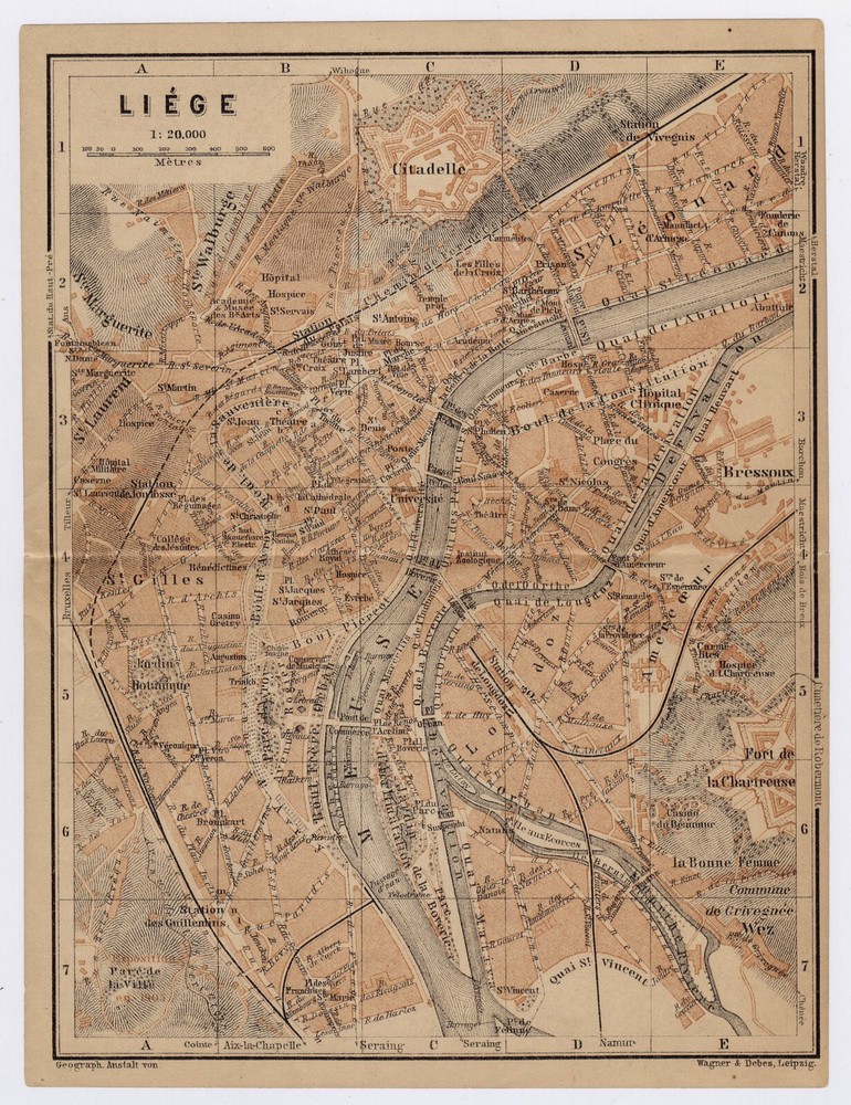 1900 Antique City Map Of Liège / Liege / Wallonia / Belgium