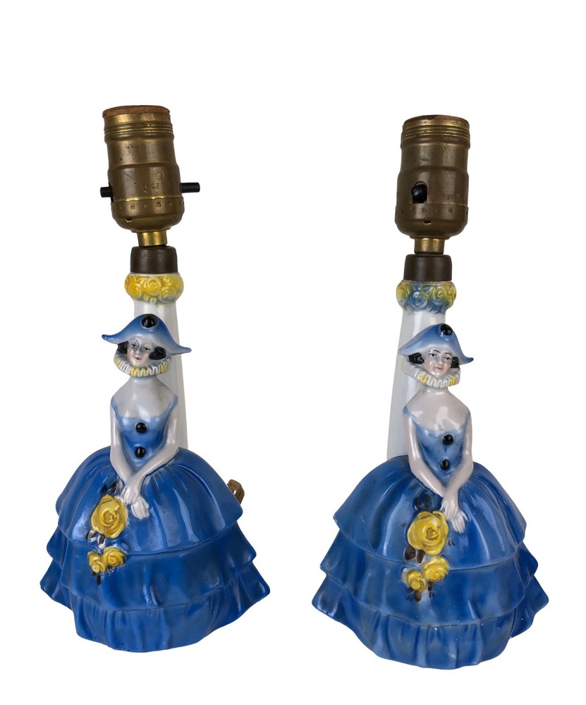 Set 2 Boudoir Lamps Porcelain Hand Painted Victorian Lady Blue Dress 10