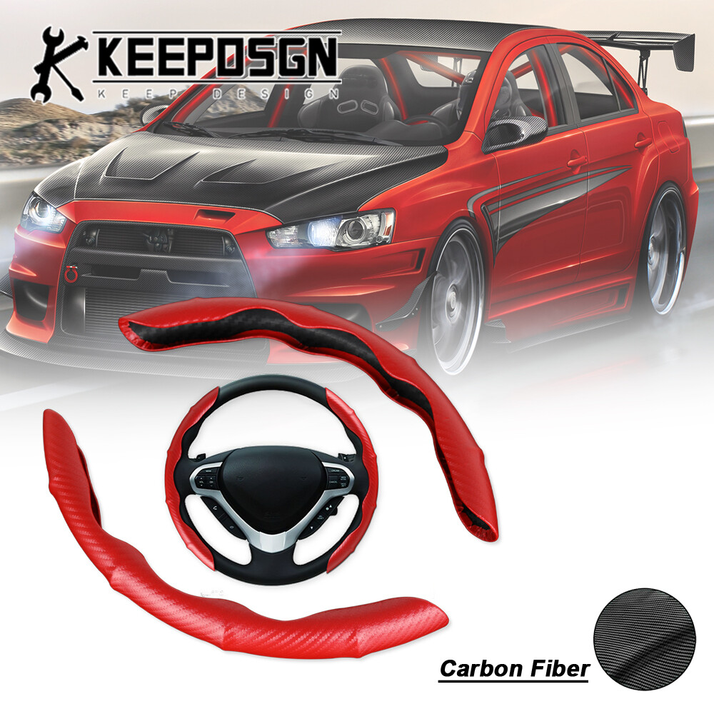 15'' inch Carbon Fiber Red Steering Wheel Cover Non Slip Leather for Mitsubishi