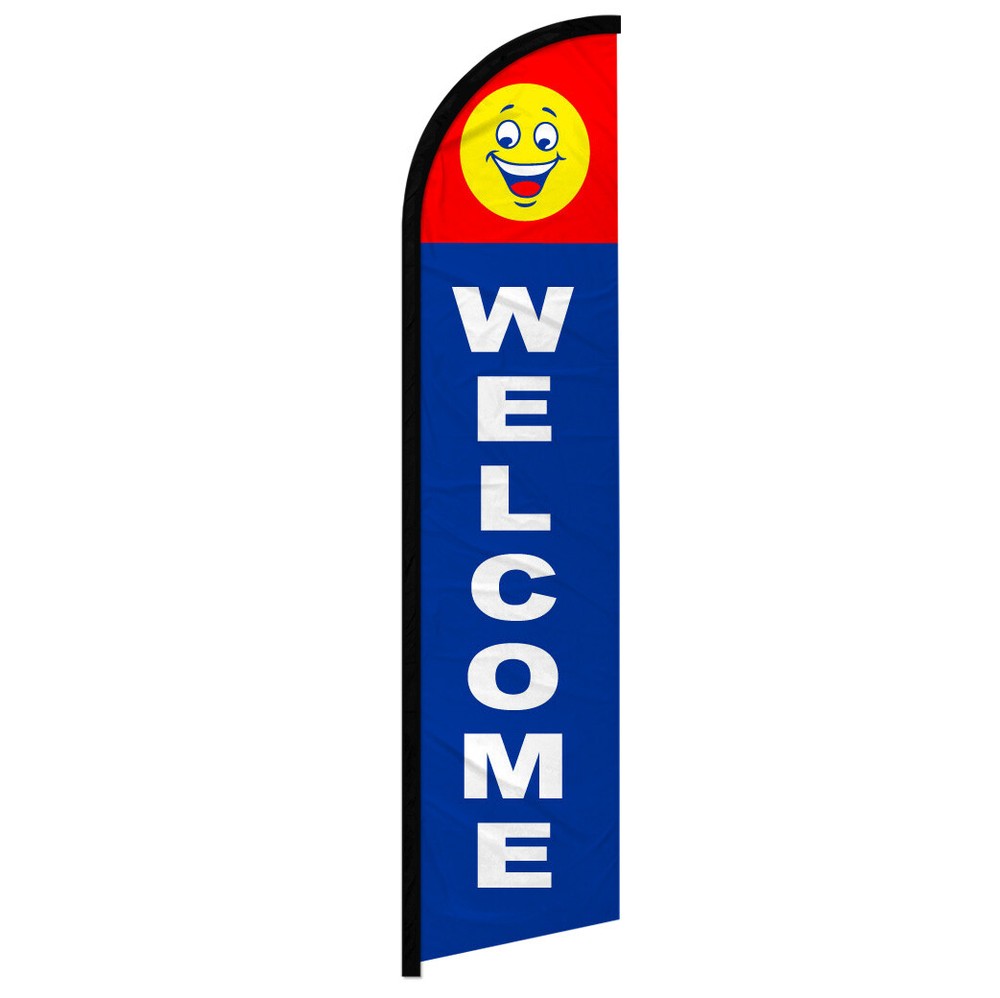 Welcome Full Curve Windless Swooper Flag Open Sign RD/BL